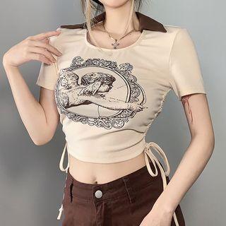 Graphic Short Sleeve Drawstring Crop T-shirt