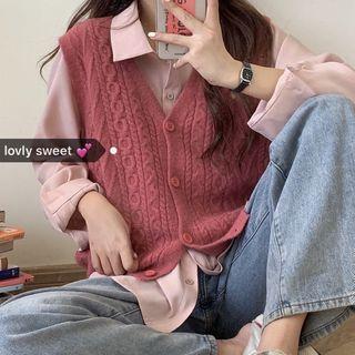 Plain Shirt / Cable-knit Button-up Sweater Vest