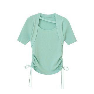 Short-sleeve Square Neck Drawstring Knit Top
