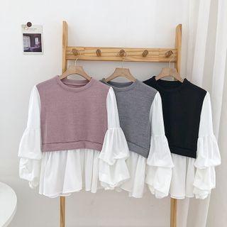 Mock Two-piece Crewneck Panel Puff-sleeve Blouse