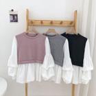 Mock Two-piece Crewneck Panel Puff-sleeve Blouse
