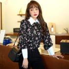 Contrast Wide-cuff Floral Blouse Black - One Size