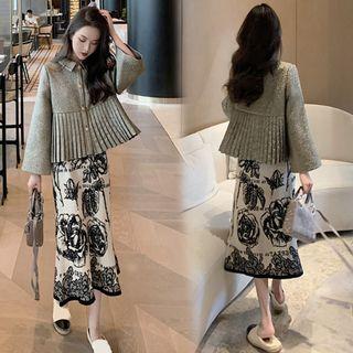 Pleated Hem Button Jacket / Flower Print Midi A-line Skirt
