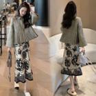 Pleated Hem Button Jacket / Flower Print Midi A-line Skirt
