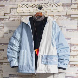 Lettering Striped Paneled Hooded Zip Jacket