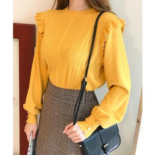 Frill-trim Cable-knit Top Yellow - One Size