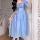 Puff-sleeve Square-neck Midi Corset Dress