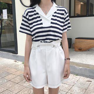 Set: Striped Short-sleeve T-shirt + Wide Leg Shorts