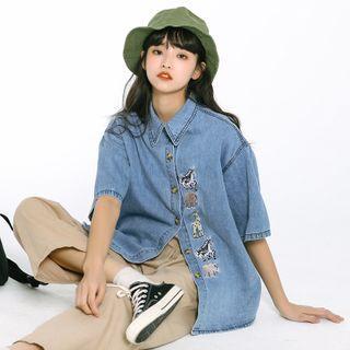 Short-sleeve Animal Embroidered Denim Shirt