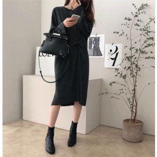 Round-neck Draped-trim Midi Dress