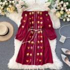 Long-sleeve Embroidered Flower Off-shoulder Dress