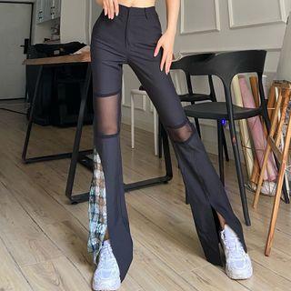 Plaid Mesh Panel Boot-cut Pants