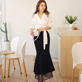 Set: Notch Lapel Wrap Blouse + Midi Ruffle Hem Pencil Skirt