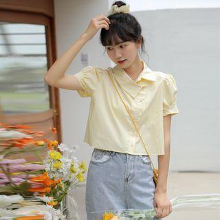 Puff-sleeve Asymmetrical Collar Cropped Blouse