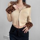Leopard Panel Zipped Knit Jacket