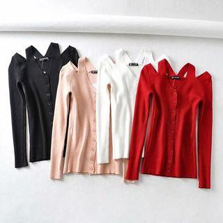 Cutout Shoulder Ribbed Knit Cardigan