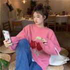 Round Neck Cherry Print Loose-fit Sweater Pink - One Size