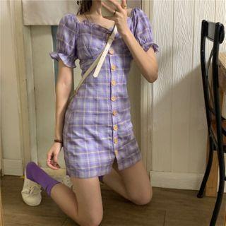 Balloon-sleeve Plaid Mini A-line Dress