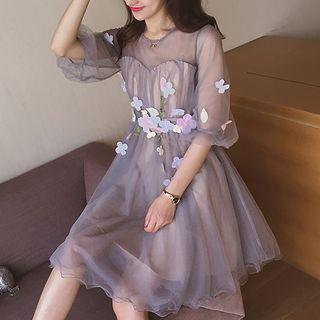 Flower Applique Elbow-sleeve A-line Dress