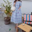 Puff-sleeve Plaid Dress Mint Green - One Size