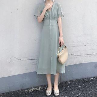 Short-sleeve Buttoned Chiffon A-line Midi Dress