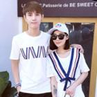 Couple Matching Striped Panel Short Sleeve T-shirt / Pleated Bow Accent Short Sleeve Dress