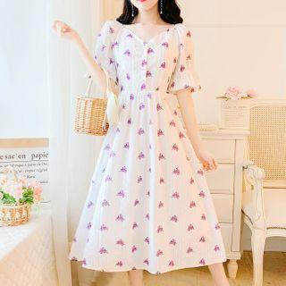 Elbow-sleeve Floral Embroidered A-line Midi Dress
