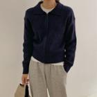 Collared Zip-up Rib-knit Cardigan