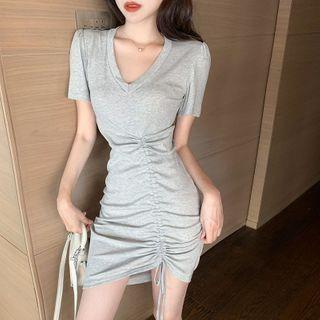 Short-sleeve Drawcord Bodycon Mini Dress