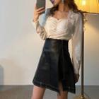 Square-neck Lace Trim Blouse / Faux-leather A-line Skirt