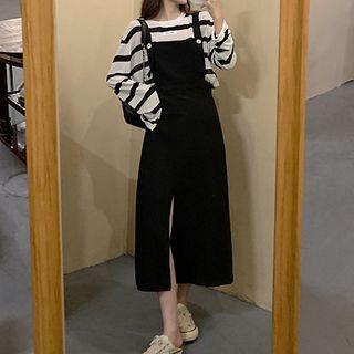 Long-sleeve Striped T-shirt / Midi A-line Overall Dress / Set