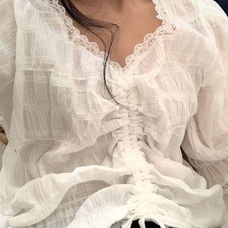 Lace Trim Drawstring Blouse White - One Size