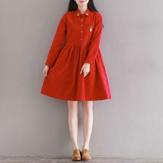 Long-sleeve Pineapple Embroidered Corduroy A-line Shirtdress