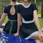 Short-sleeve Open-back Contrast Trim Swim Dress