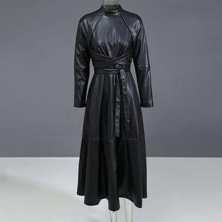 Faux Leather Long-sleeve Midi A-line Dress Black - One Size