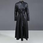 Faux Leather Long-sleeve Midi A-line Dress Black - One Size