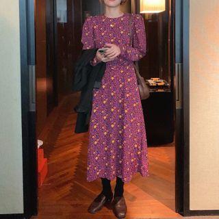 Floral Round Neck Midi Dress Rose Pink - One Size