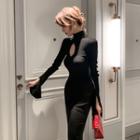 Long-sleeve Chain-accent Cutout Mock-neck Knit Midi Bodycon Dress