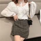 Puff-sleeve Lace Panel Blouse / Plaid Mini Skirt