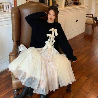 Bow Slit Sweater / Mesh Midi A-line Skirt