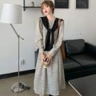Long-sleeve Printed Midi A-line Dress / Scarf