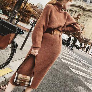Turtleneck Plain Knit Midi Dress With Belt