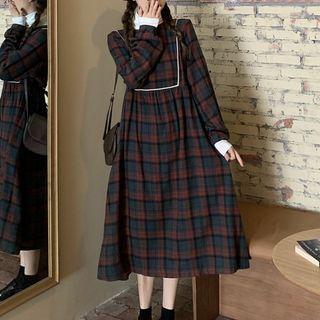 Plaid Long-sleeve Midi A-line Dress Blue & Pink - One Size