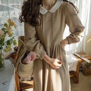 Contrast-collar Pintuck-detail Long Dress