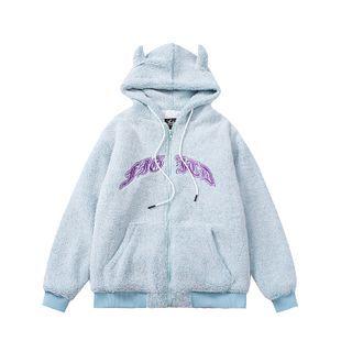 Horned Lettering Embroidered Fleece Zip Jacket