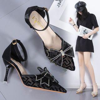 Pointed Mesh Rhinestone Bow Ankle Strap Stiletto Dorsay Pumps