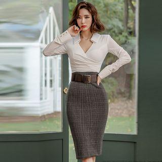 Elbow-sleeve Plaid Panel Midi Sheath Dress