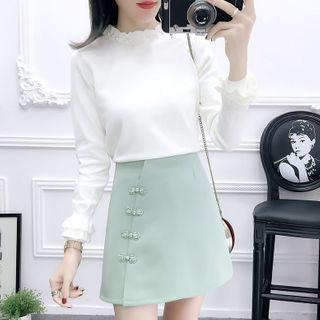 Set: Mock-neck Long-sleeve Knit Sweater + High-waist Retro Frog Button Mini Skirt