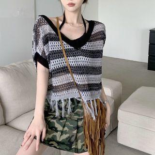 Short-sleeve Striped Crop Knit Top / Camo Pleated Mini A-line Skirt / Camisole Top