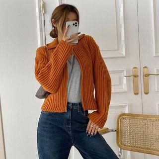 Collared Ribbed Knit Zip-up Jacket